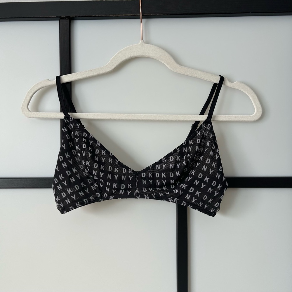 [L] DKNY Sheer Black Triangle Bralette with White DKNY Logo Pattern Adjustable